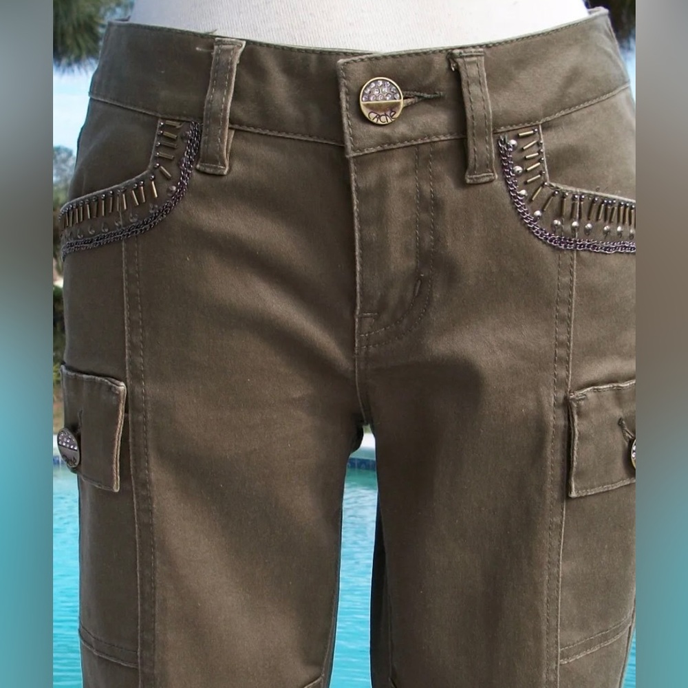 Cache Embellished Jean Pant Cargo Zip Leg Sz 0